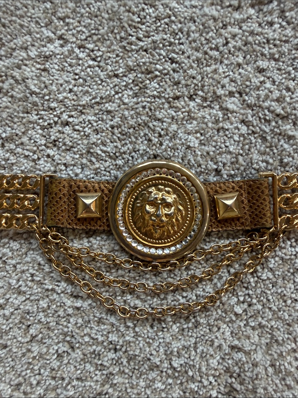 Vintage Brown Leather Belt with Gold Medallion and Chain Accents